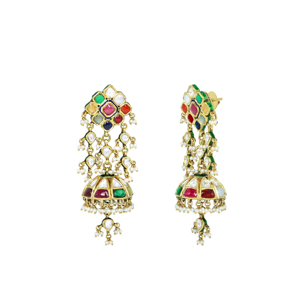 Navratan Jhumki Earrings with Polki, Navratan Gems, and Pearl Drops